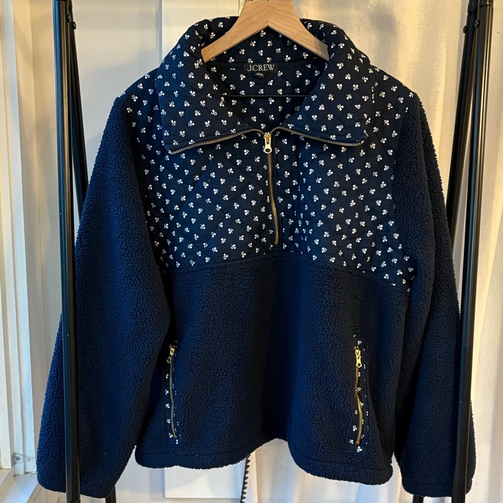 J. Crew Navy and White Fleece Jacket Womens XXL